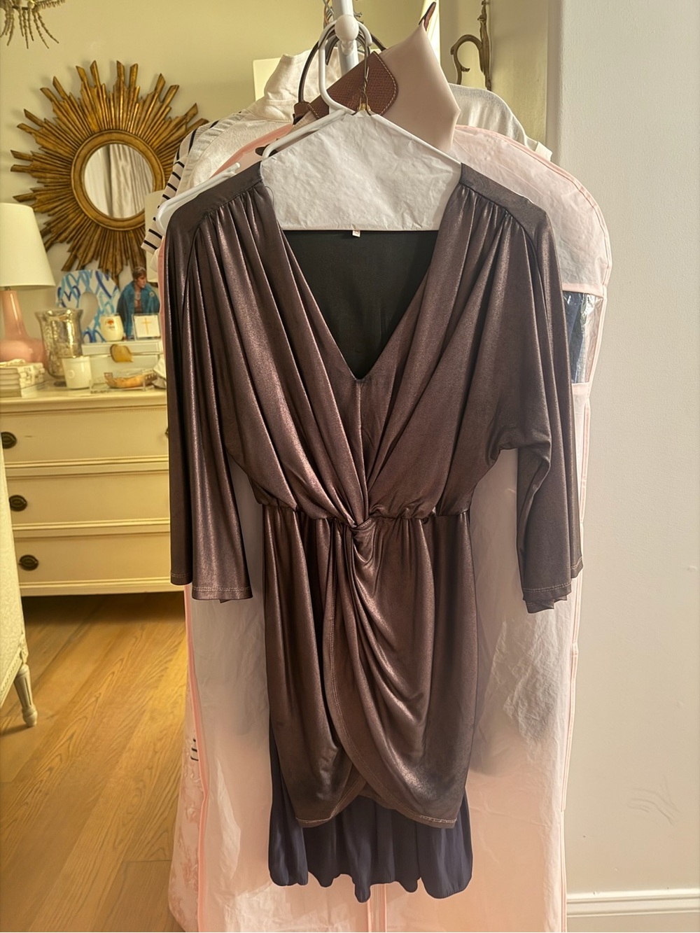 Metallic Brown V-Neck Draped Women’s Top